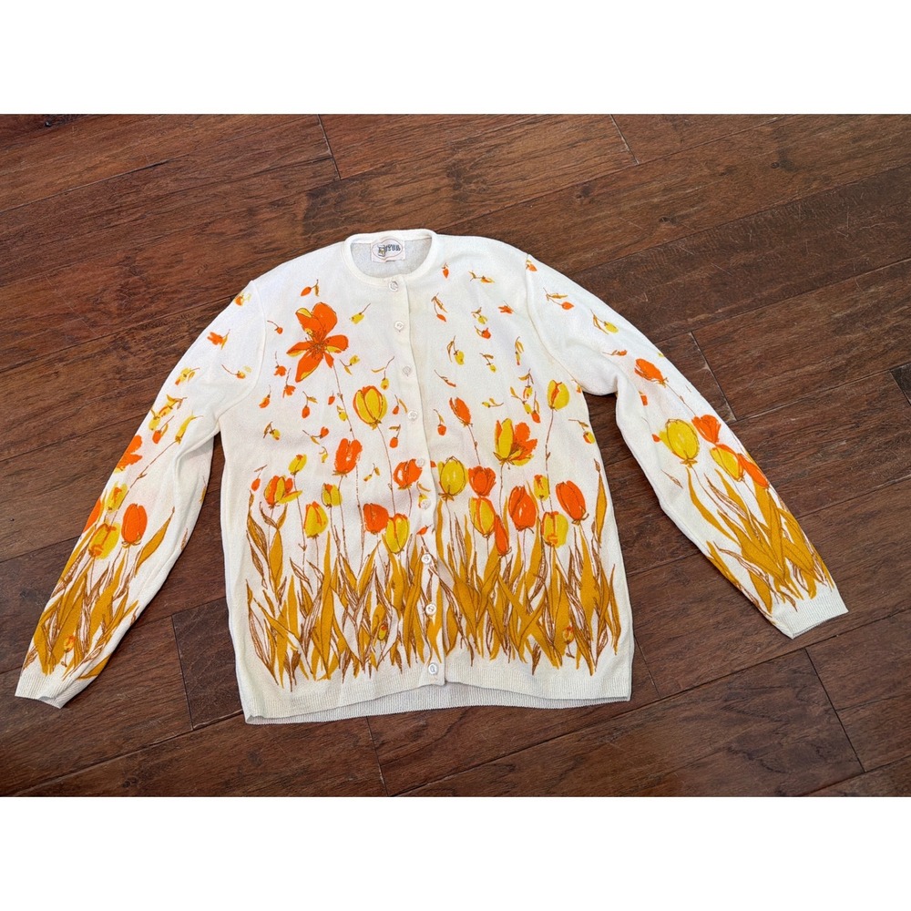Vintage Devon Floral Tulip Print Cardigan Sweater White Orange‎ Yellow Size 38 M